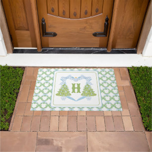 Blue Chinoiserie Christmas Tree Monogram Crest Doormat
