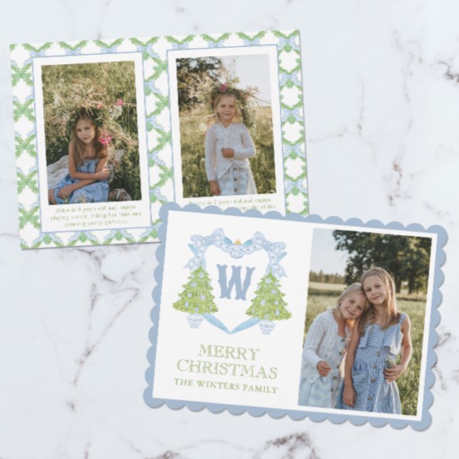 Blue Chinoiserie Christmas Tree Monogram Crest Holiday Card (Creator Uploaded)