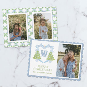 Blue Chinoiserie Christmas Tree Monogram Crest Holiday Card