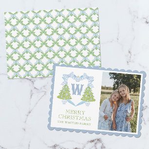 Blue Chinoiserie Christmas Tree Monogram Crest Holiday Card