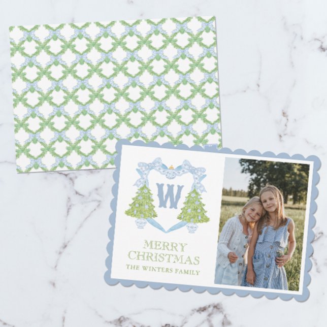 Blue Chinoiserie Christmas Tree Monogram Crest Holiday Card (Creator Uploaded)