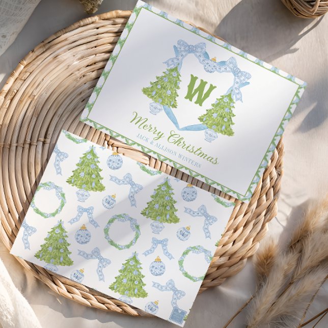 Blue Chinoiserie Christmas Tree Monogram Crest Holiday Card (Creator Uploaded)