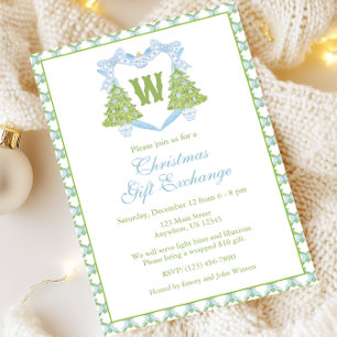 Blue Chinoiserie Christmas Tree Monogram Crest Invitation