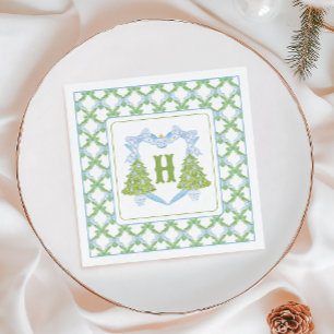Blue Chinoiserie Christmas Tree Monogram Crest Napkin