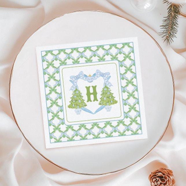 Blue Chinoiserie Christmas Tree Monogram Crest Napkin (Creator Uploaded)