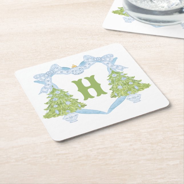 Blue Chinoiserie Christmas Tree Monogram Crest Square Paper Coaster (Angled)