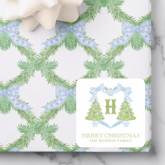 Blue Chinoiserie Christmas Tree Monogram Crest Square Sticker (Creator Uploaded)