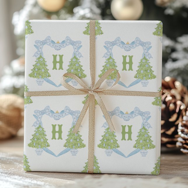 Blue Chinoiserie Christmas Tree Monogram Crest Wrapping Paper (Creator Uploaded)