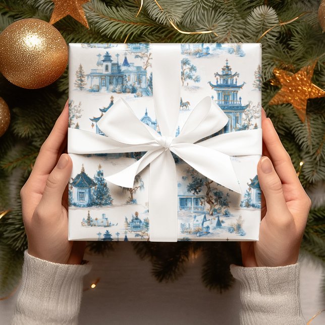 Blue Chinoiserie Christmas Village Wrapping Paper (Creator Uploaded)