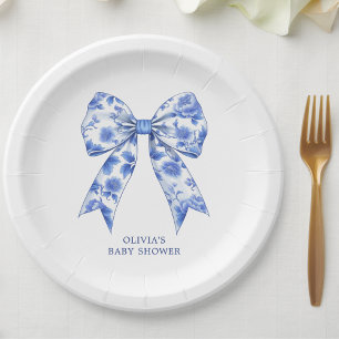 Blue Chinoiserie Coquette Bow Baby Shower Paper Plate