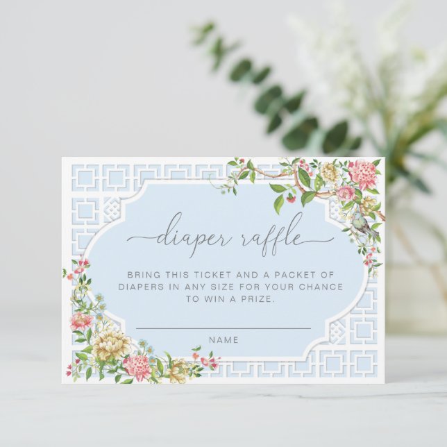 Blue Chinoiserie Diaper Raffle Ticket - Tranon Enclosure Card (Standing Front)