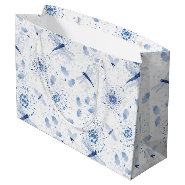 Blue Chinoiserie Dragonfly Floral Large Gift Bag (Back Angled)