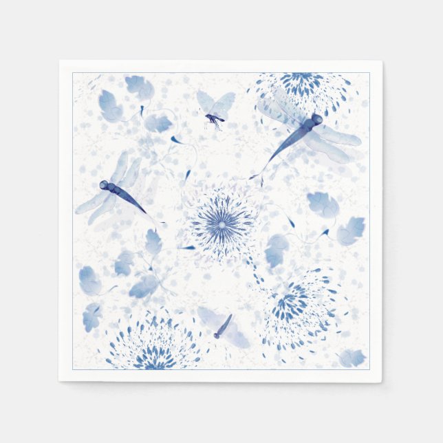 Blue Chinoiserie Dragonfly Floral Napkin (Front)