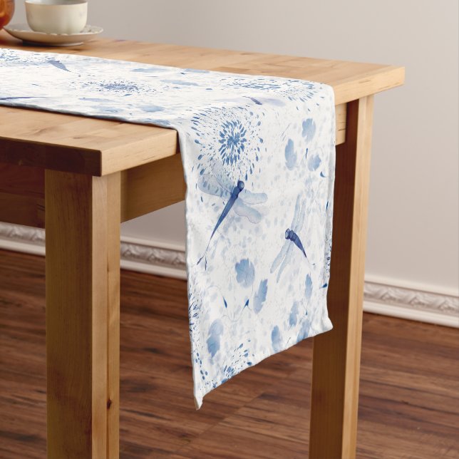 Blue Chinoiserie Dragonfly Floral Short Table Runner (In Situ)