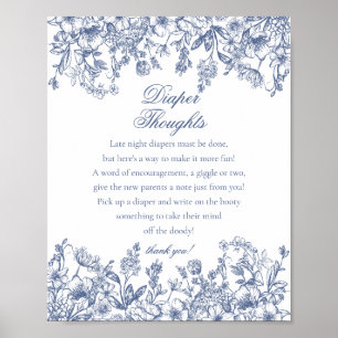 Blue Chinoiserie Flora Diaper Thoughts Baby Shower Poster