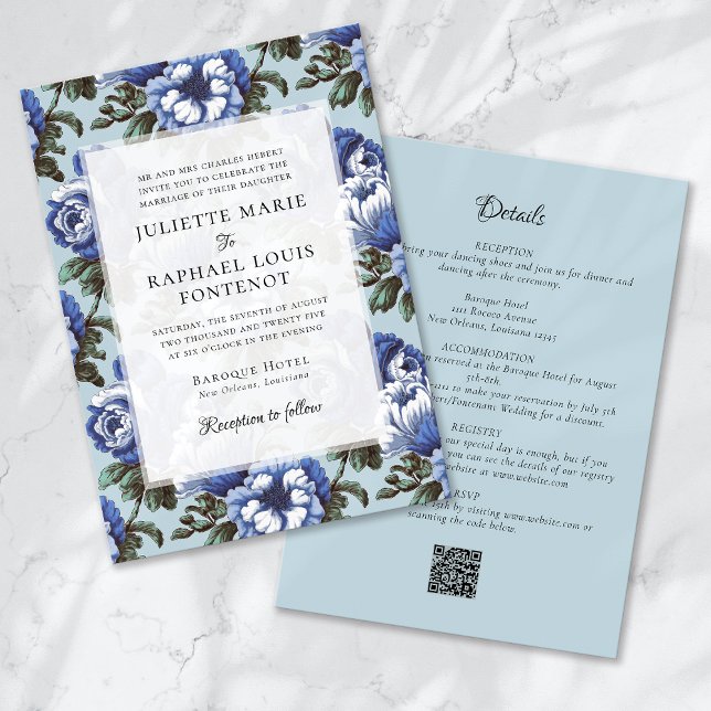 Blue Chinoiserie Floral All in One Wedding Invitation (Creator Uploaded)