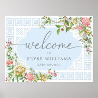 Blue Chinoiserie Floral Baby Shower Welcome Sign