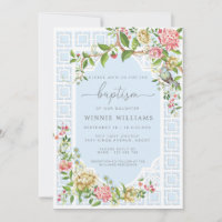 Blue Chinoiserie Floral Baptism Invitation Trianon