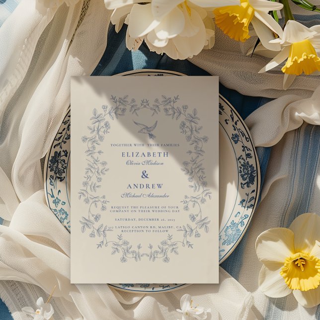 Blue Chinoiserie Floral Botanical Wedding Invitation (Creator Uploaded)