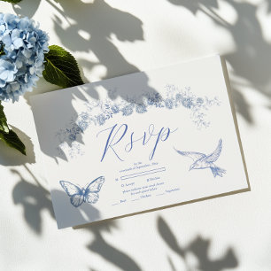 Blue Chinoiserie Floral Botanical Wedding RSVP Card