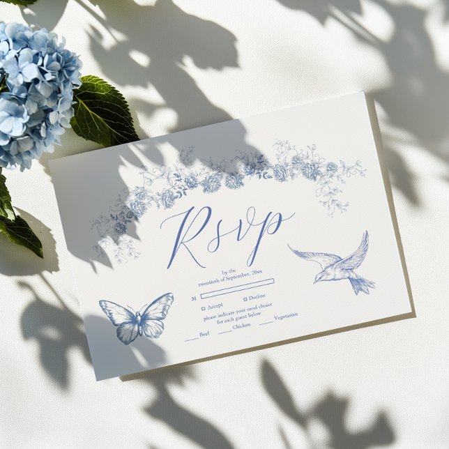 Blue Chinoiserie Floral Botanical Wedding RSVP Card (Creator Uploaded)