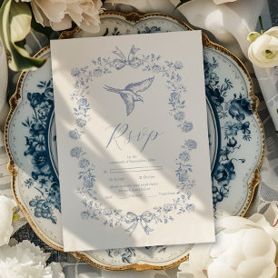Blue Chinoiserie Floral Botanical Wedding RSVP Card