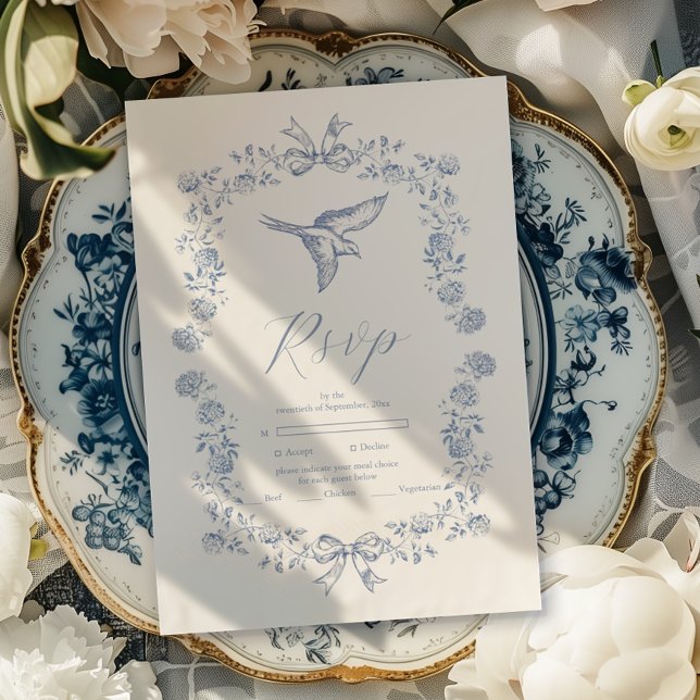 Blue Chinoiserie Floral Botanical Wedding RSVP Card (Creator Uploaded)