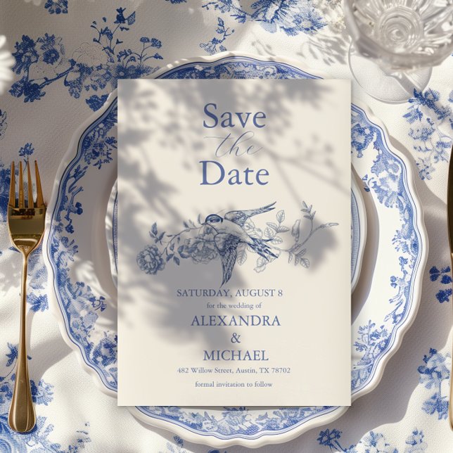 Blue Chinoiserie Floral Botanical Wedding Save The Date (Creator Uploaded)