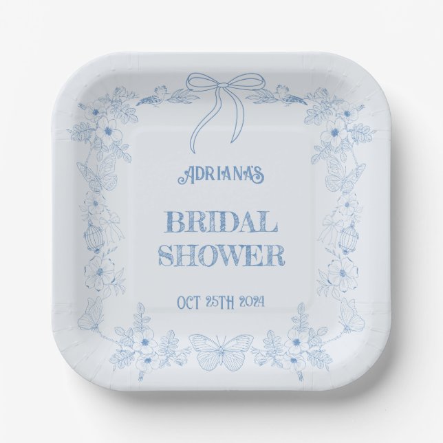 Blue Chinoiserie Floral Bow Bridal Shower  Paper Plate (Front)
