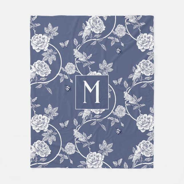 Blue Chinoiserie Floral Monogram Fleece Blanket (Front)