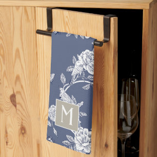 Blue Chinoiserie Floral Monogram Tea Towel
