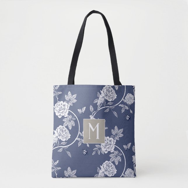 Blue Chinoiserie Floral Monogram Tote Bag (Front)