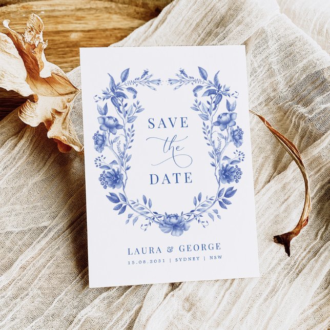 Blue Chinoiserie Floral Porcelain Save the Date Invitation (Creator Uploaded)