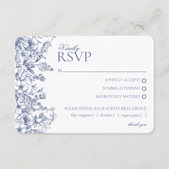 Blue Chinoiserie Floral RSVP Respose Card (Front)