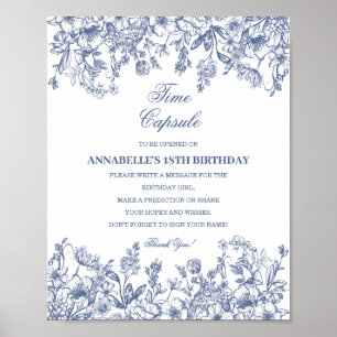 Blue Chinoiserie Floral Time Capsule Baby Birthday Poster