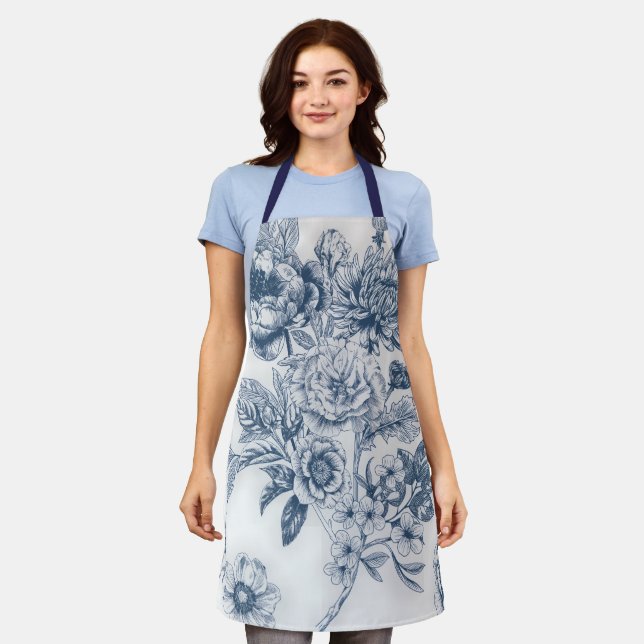 Blue Chinoiserie Floral Vintage Apron (Worn)