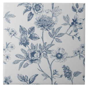 Blue Chinoiserie Floral Vintage Ceramic Tile