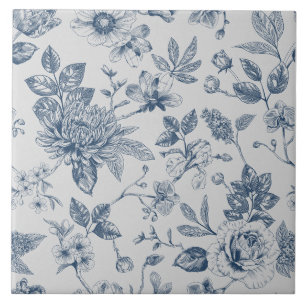 Blue Chinoiserie Floral Vintage Ceramic Tile