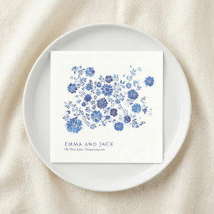 Blue Chinoiserie Floral Wedding names and date Napkin