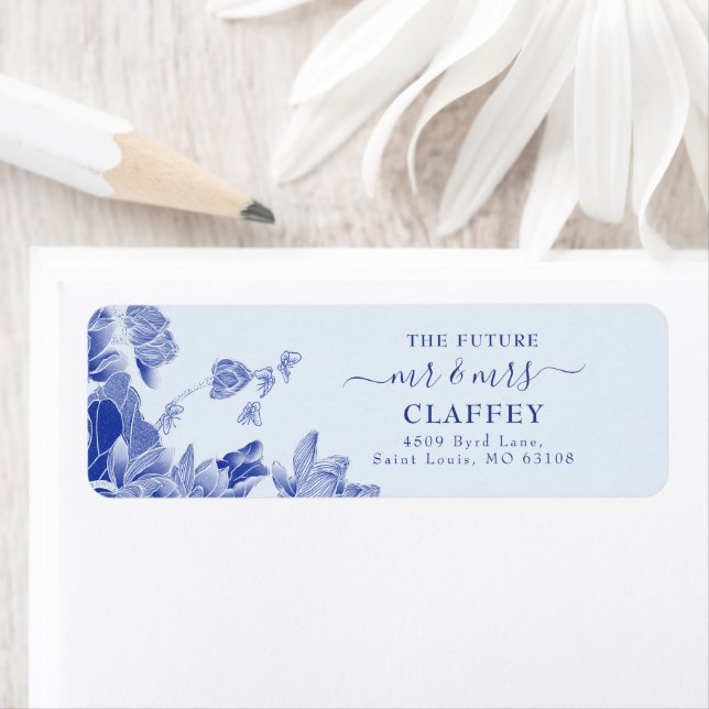 Blue Chinoiserie Floral Wedding Return Address Label (Insitu)