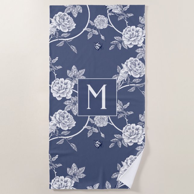 Blue Chinoiserie Flowers and Birds Monogram Beach Towel (Front)