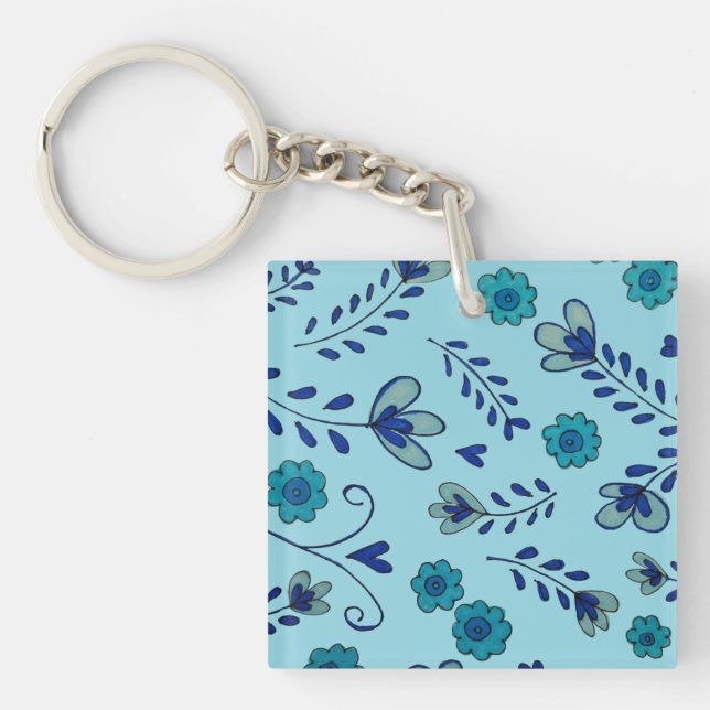 Blue chinoiserie flowers key ring (Front)
