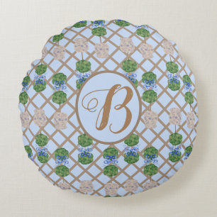 Blue Chinoiserie Ginger Jar Jars Topiary basket Ro Round Cushion