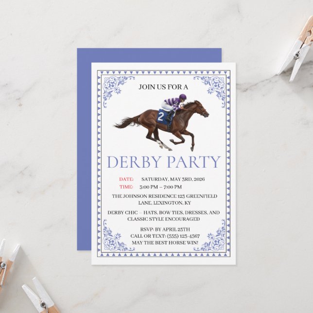 Blue Chinoiserie Horse Race Derby Party Invite (Front/Back In Situ)