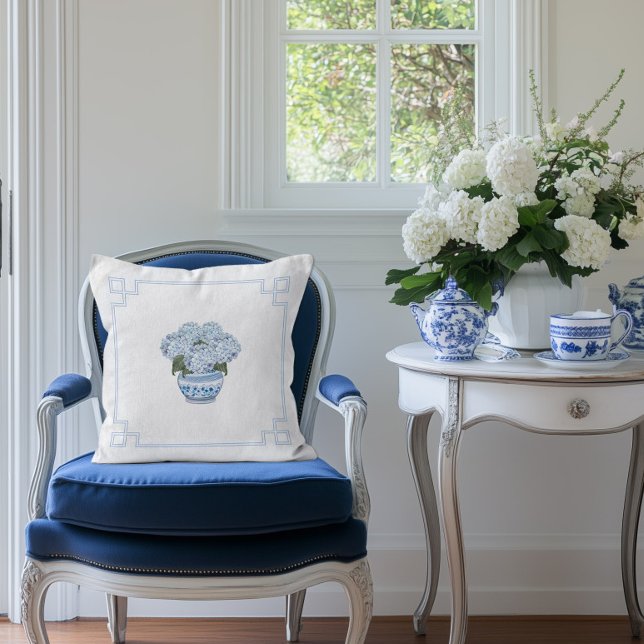 Blue Chinoiserie Hydrangea Grandmillennial  Cushion (Creator Uploaded)