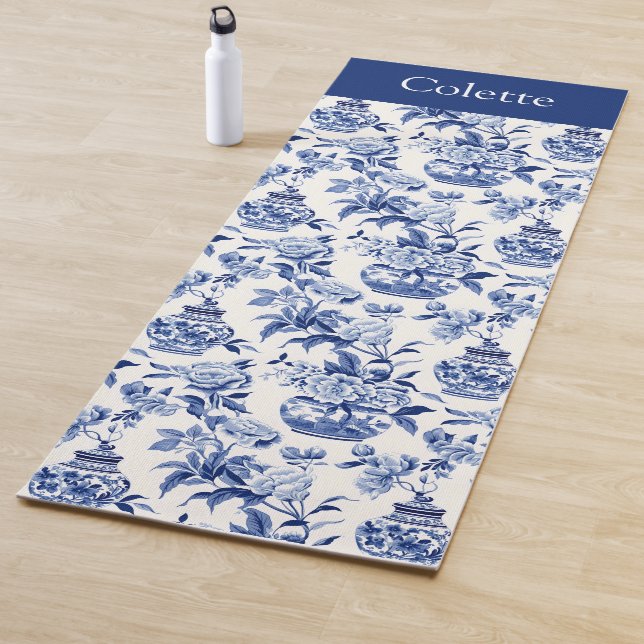 Blue Chinoiserie Monogram Name Yoga Mat (In Situ)
