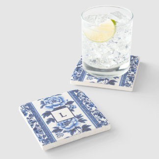 Blue Chinoiserie Monogram Stone Coaster