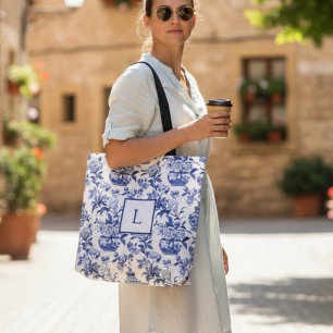 Blue Chinoiserie Monogram  Tote Bag