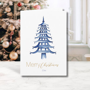 Blue Chinoiserie Pagoda Christmas Tree  Card