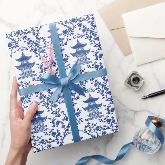 Blue Chinoiserie Pagodas Toile Wrapping Paper (Gifting)